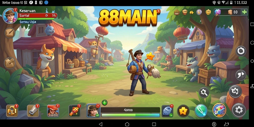 Tampilan gameplay utama 88MAIN yang penuh warna dan santai.