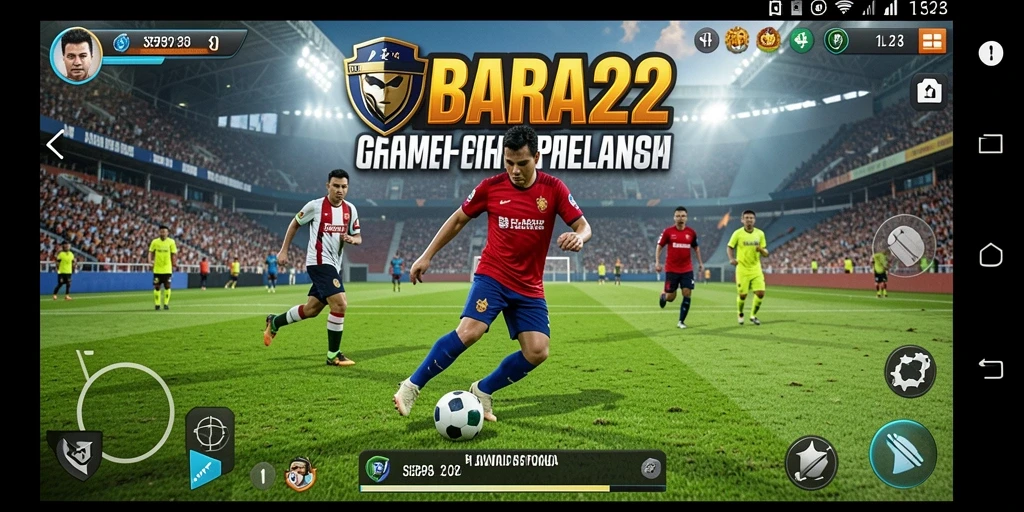 Tampilan gameplay BARA22 dengan aksi sepak bola yang seru.