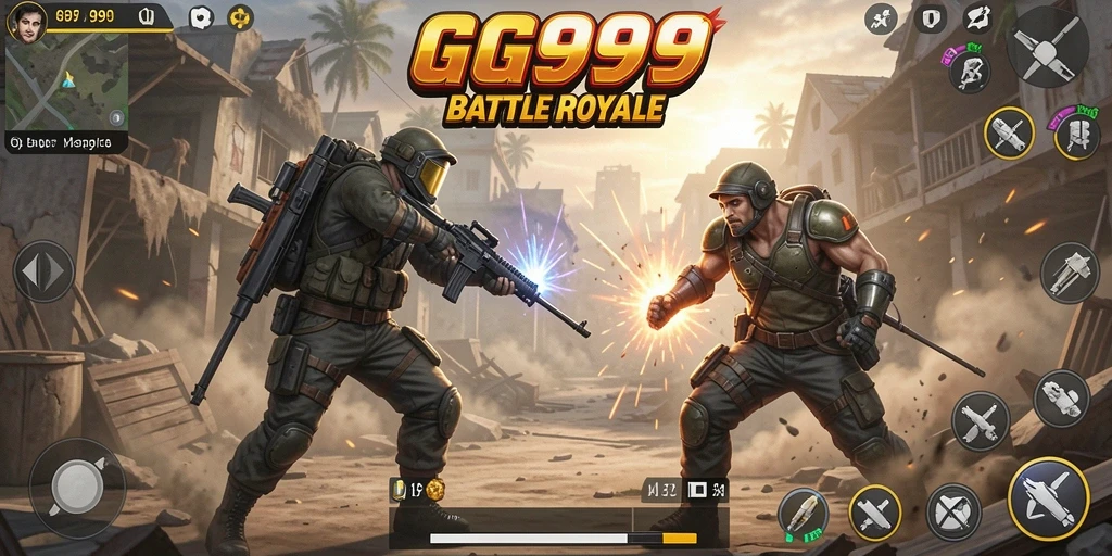 Screenshot gameplay GG999 menampilkan pertarungan seru dalam arena Battle Royale.