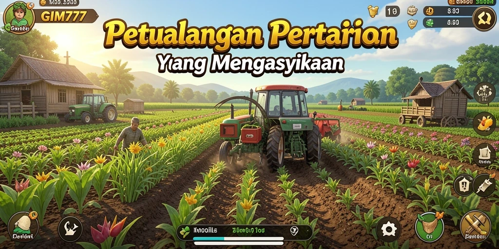 Screenshot gameplay <strong>GIM777</strong> menampilkan pertanian yang subur dan aktivitas seru.