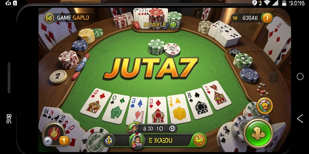 Screenshot utama JUTA7 menampilkan gameplay Gaple yang seru dan interaktif.
