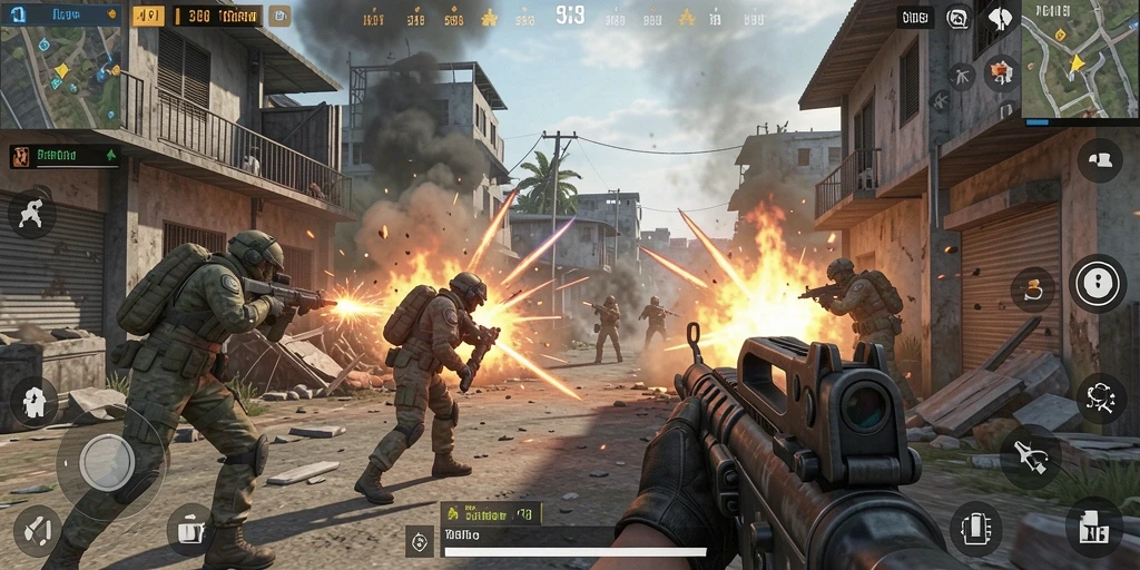 Screenshot menunjukkan aksi mendebarkan dalam gameplay FPS.