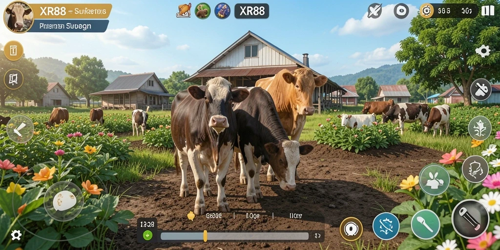Tampilan gameplay XR88 menunjukkan lahan pertanian yang subur dan hewan ternak.
